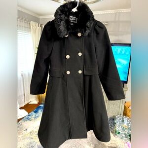 Rothschild Girls Black Double-Breasted Dress Coat with Faux Fur collar.